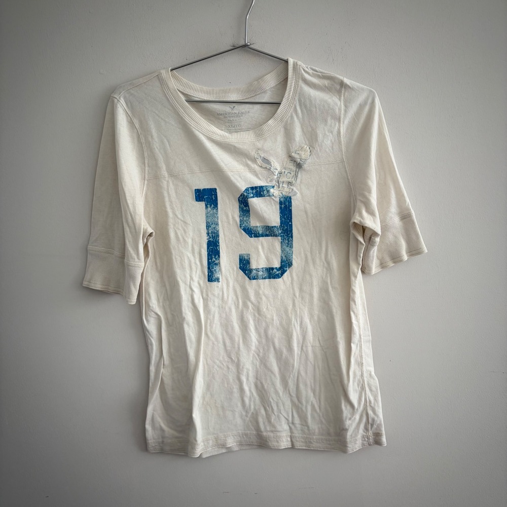 American Eagle Outfitters Womens Cream Graphic T-Shirt XL 19 Eagle Logo